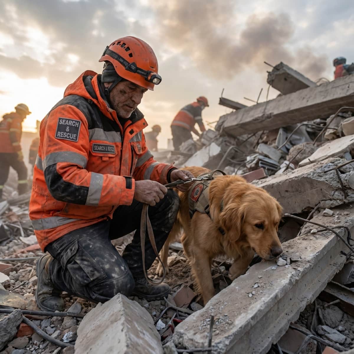 Search and rescue team working in earthquake rubble